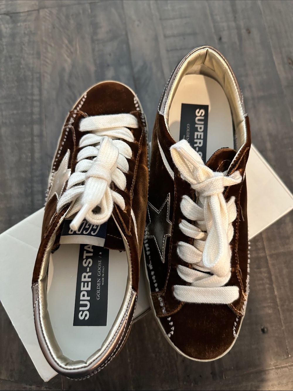 Golden Goose Suede Super-Star Sneakers in Cognac/Platinum/GunMetal